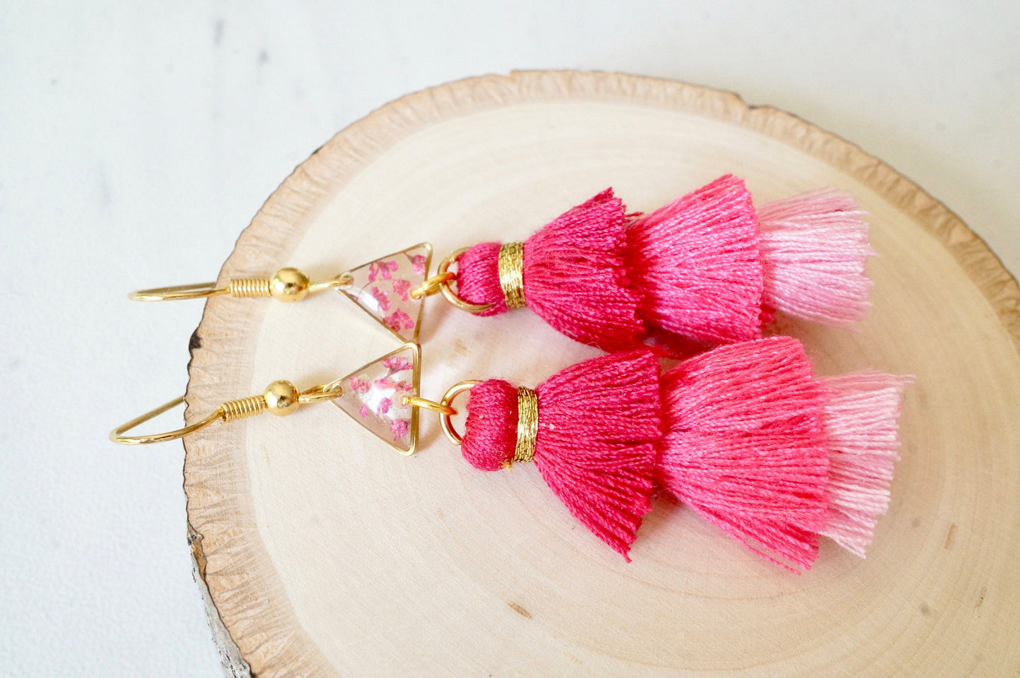 Real Pressed Flowers and Resin Dangle Earrings, Gold and Pink Tassels with Pink Flowers
