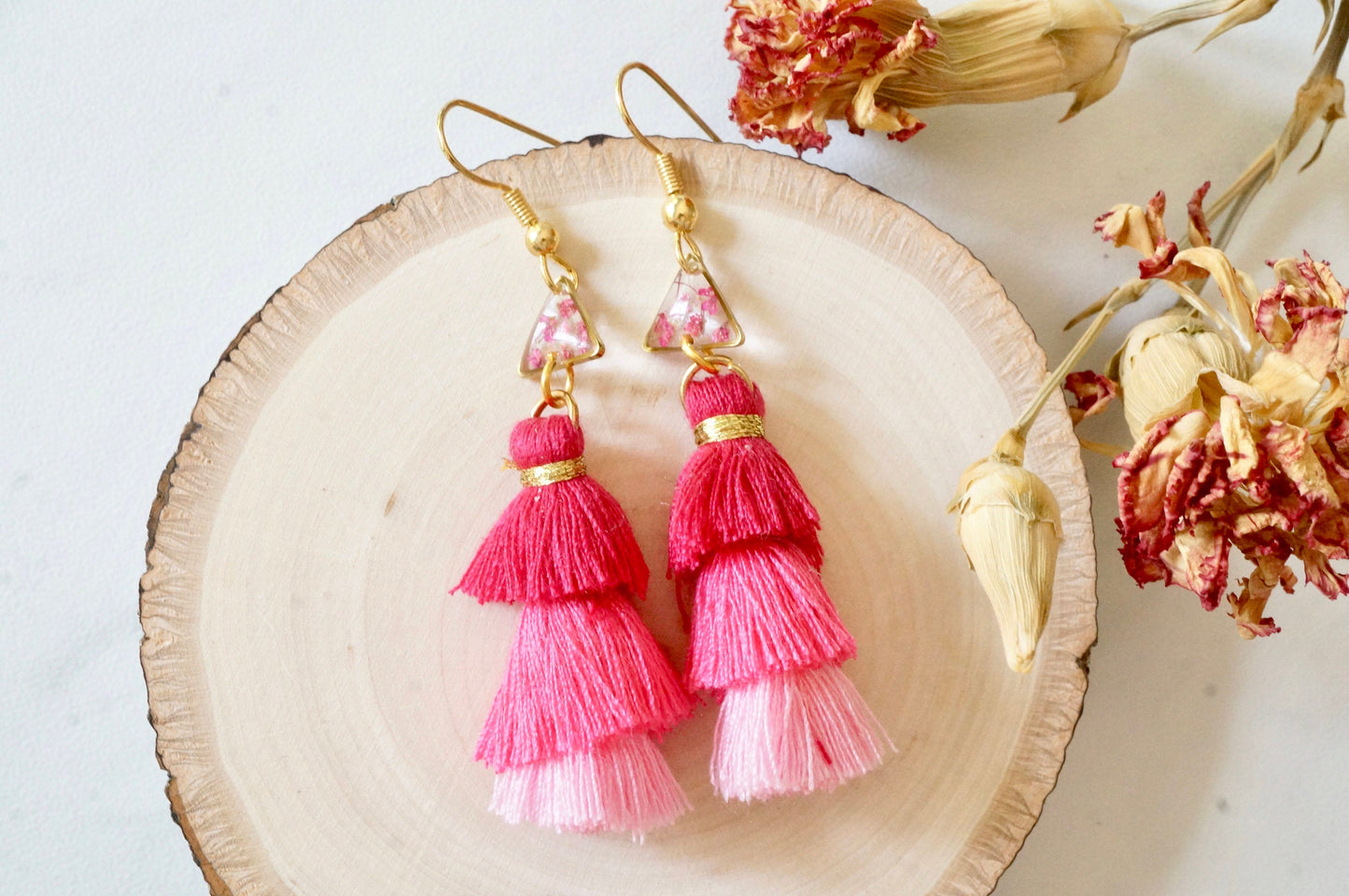 Real Pressed Flowers and Resin Dangle Earrings, Gold and Pink Tassels with Pink Flowers