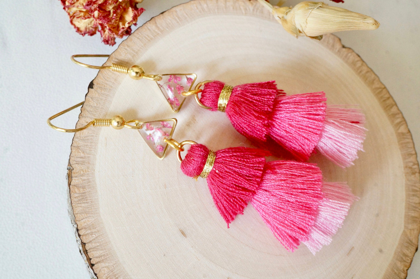 Real Pressed Flowers and Resin Dangle Earrings, Gold and Pink Tassels with Pink Flowers