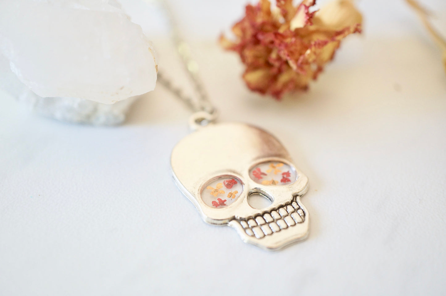 Real Pressed Flowers in Resin, Silver Skull Necklace in Red and Orange, Halloween Necklace