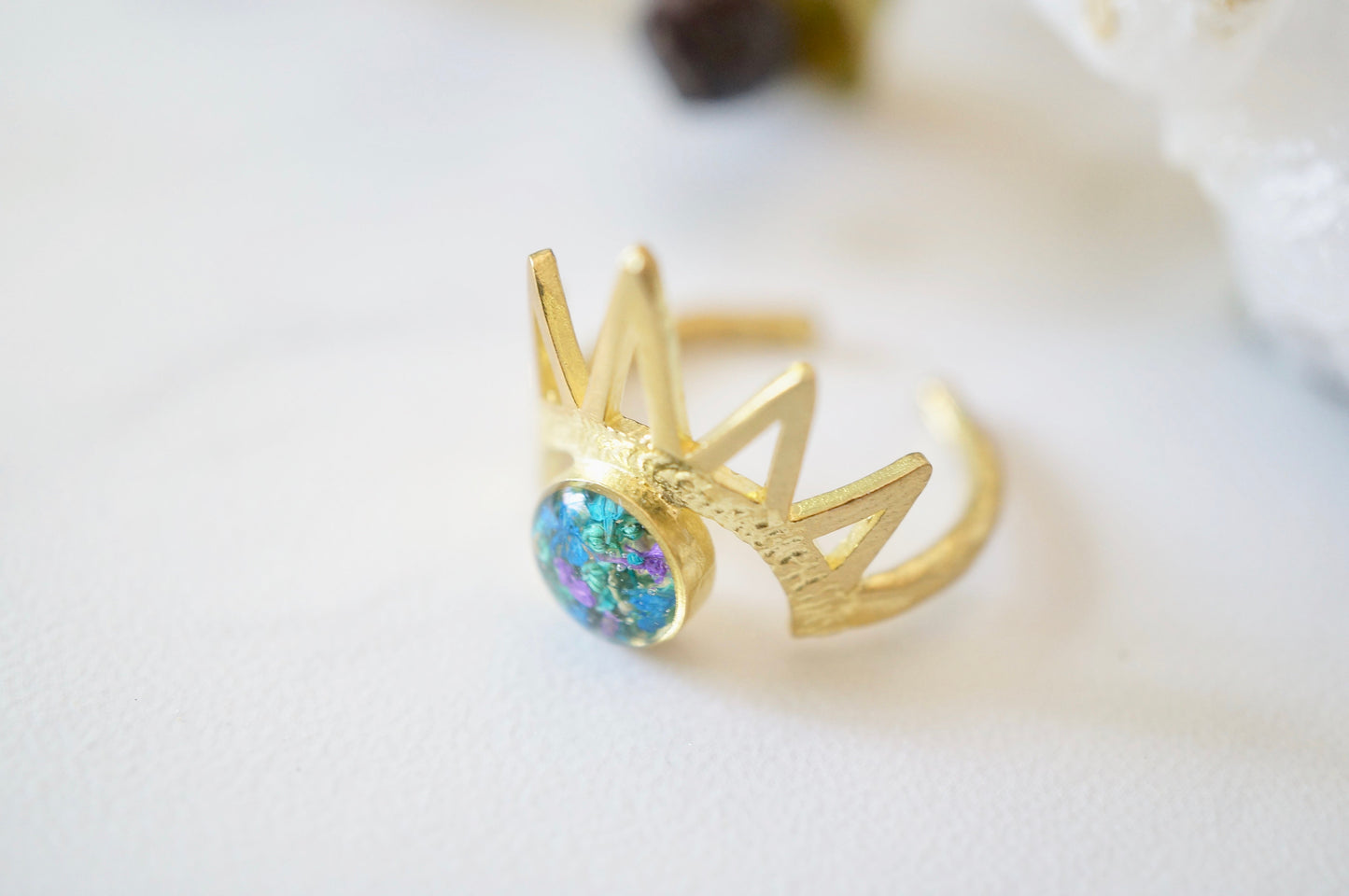 Real Pressed Flower and Resin Ring, Gold Half Sun in Blue Teal Purple