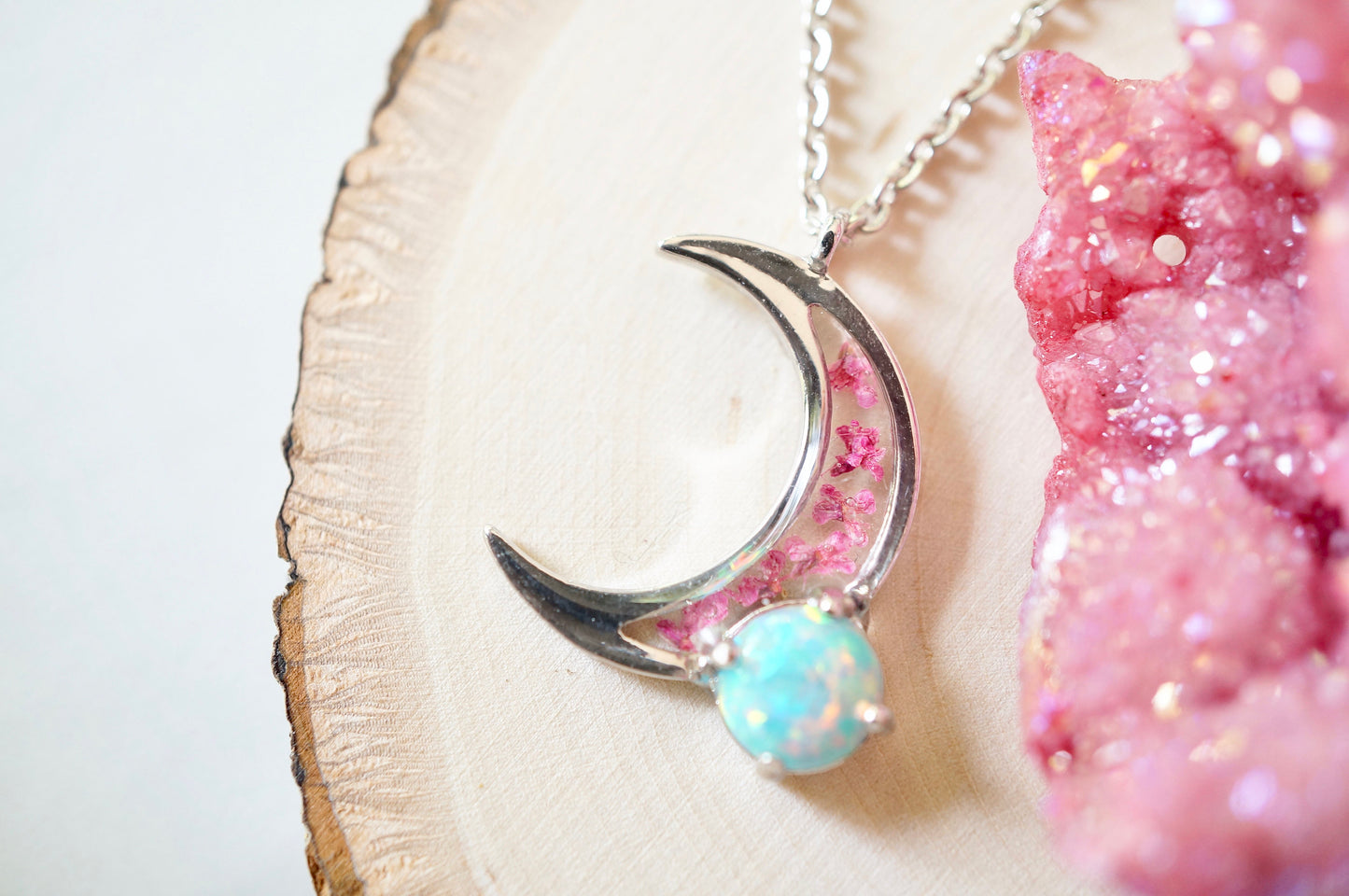 Real Pressed Flowers Necklace, Silver Moon in Pink