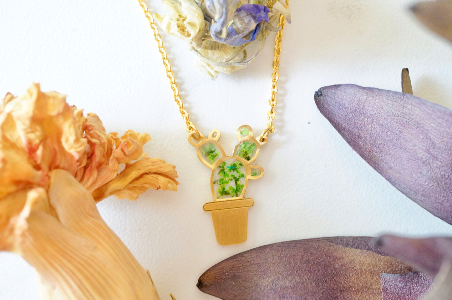 Real Pressed Flowers Necklace, Gold Cactus in Green