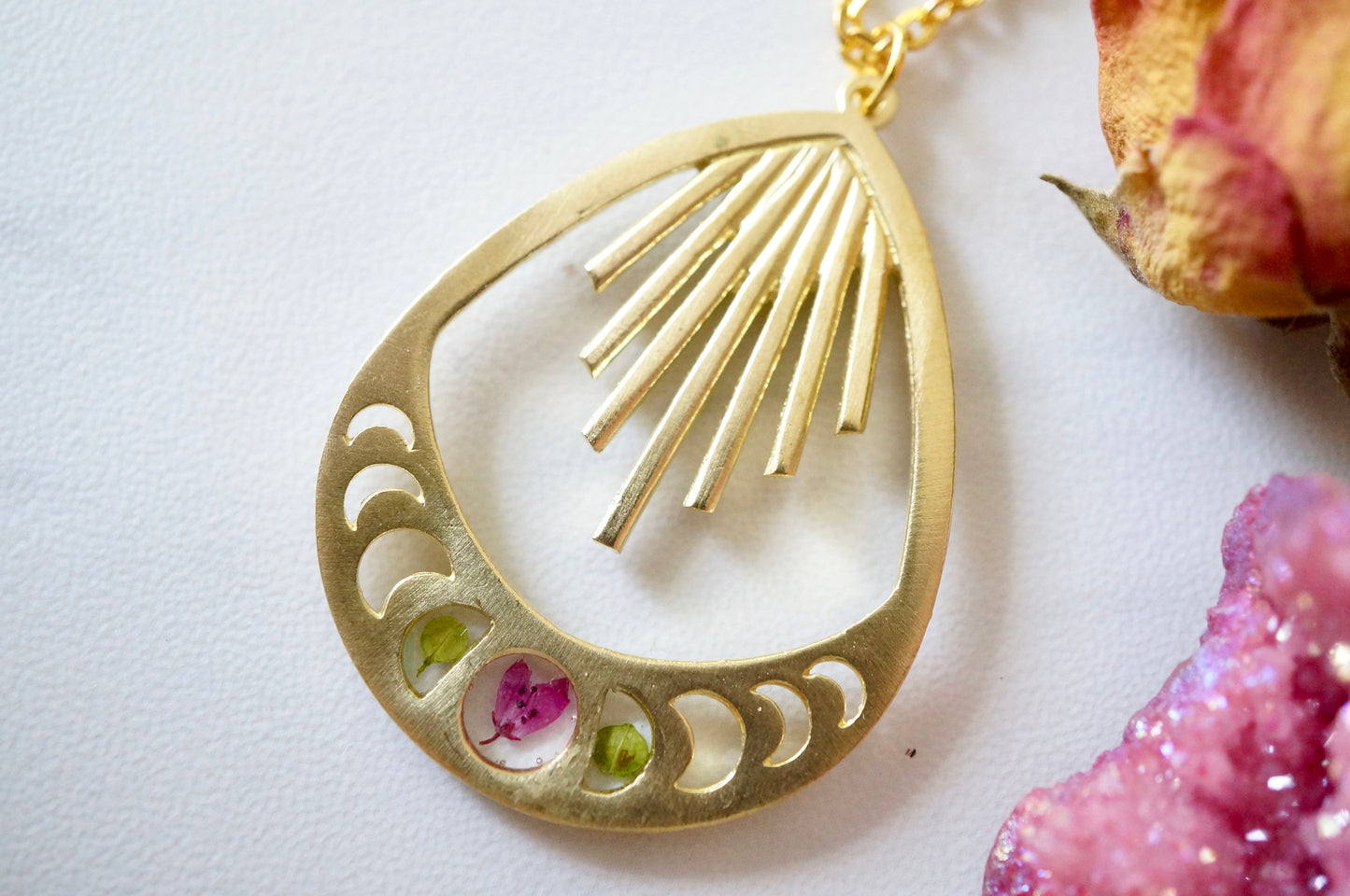 Real Pressed Flowers in Resin, Gold Moon Phase Necklace with Heather Flower and Green Dragon Lepidium