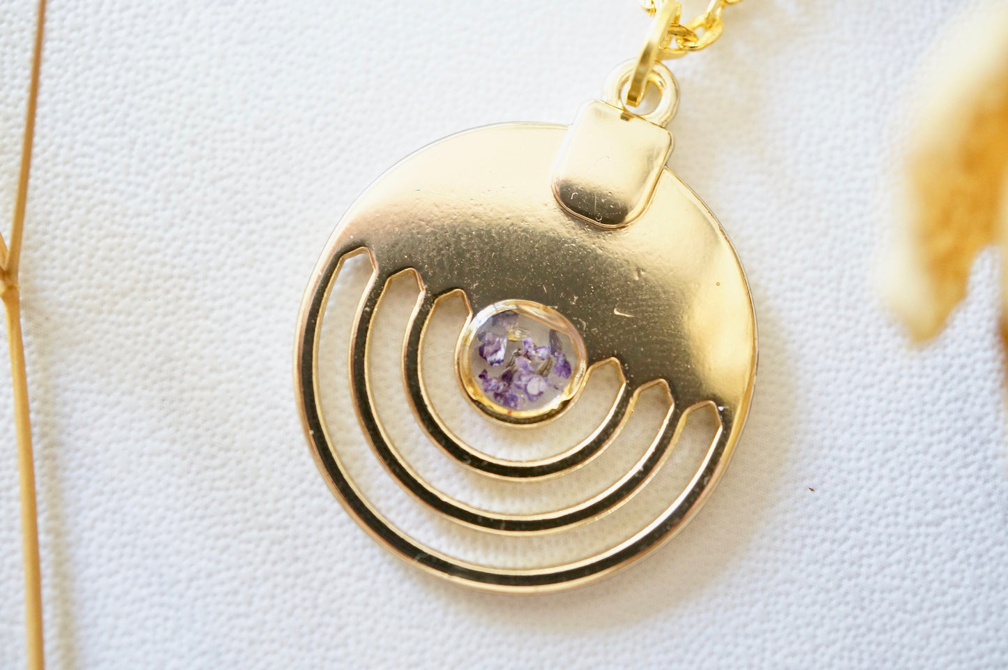 Real Pressed Flowers in Resin, Gold Necklace in Purple