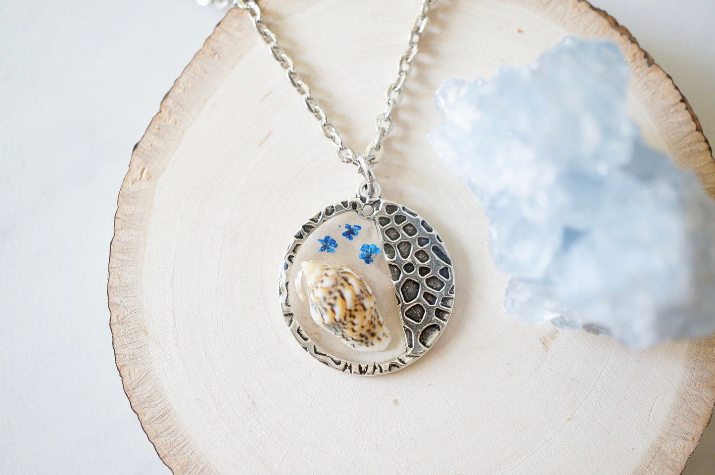 Real Pressed Flowers in Resin, Silver Necklace in Blue with Real Seashell