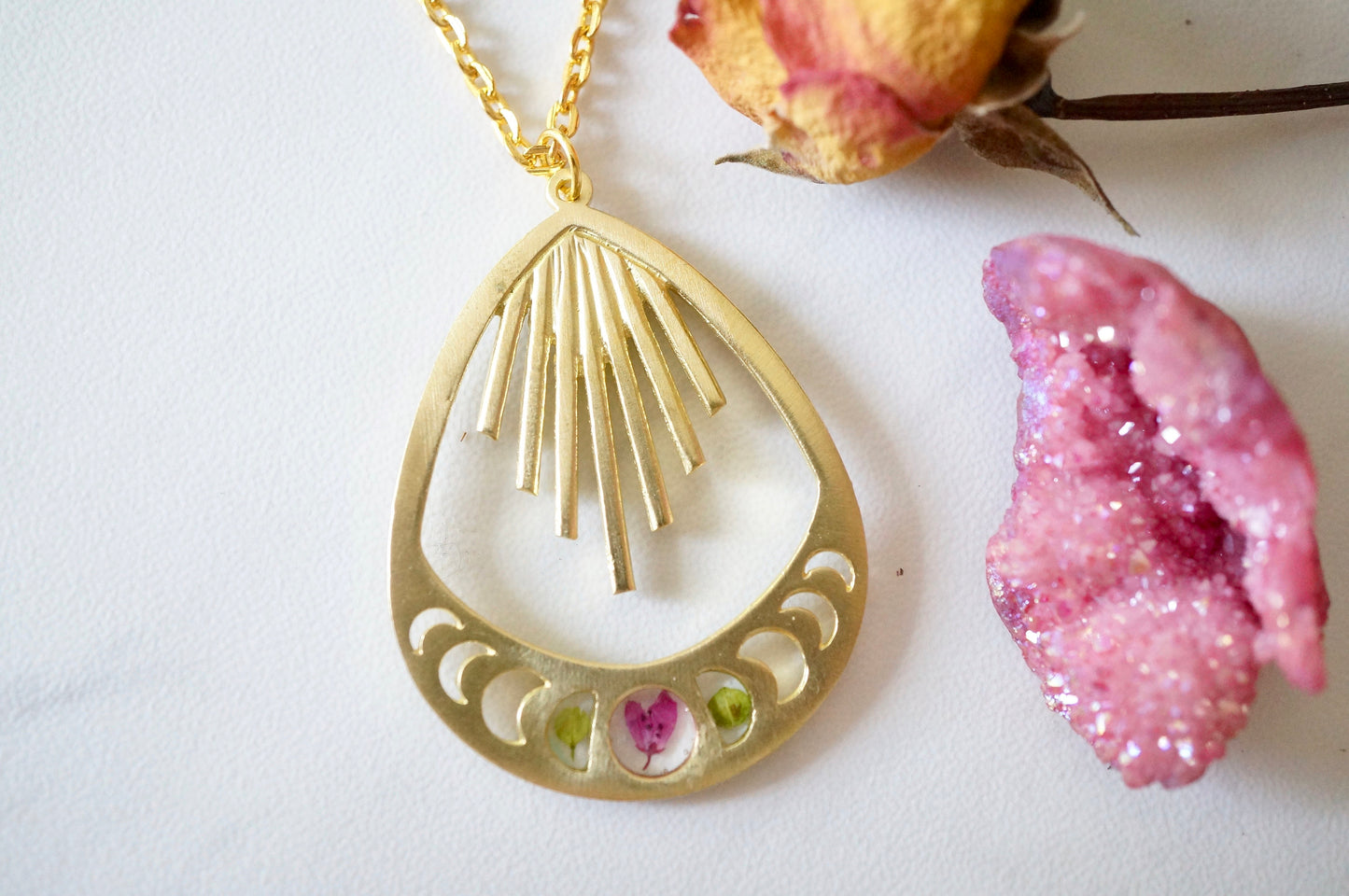 Real Pressed Flowers in Resin, Gold Moon Phase Necklace with Heather Flower and Green Dragon Lepidium