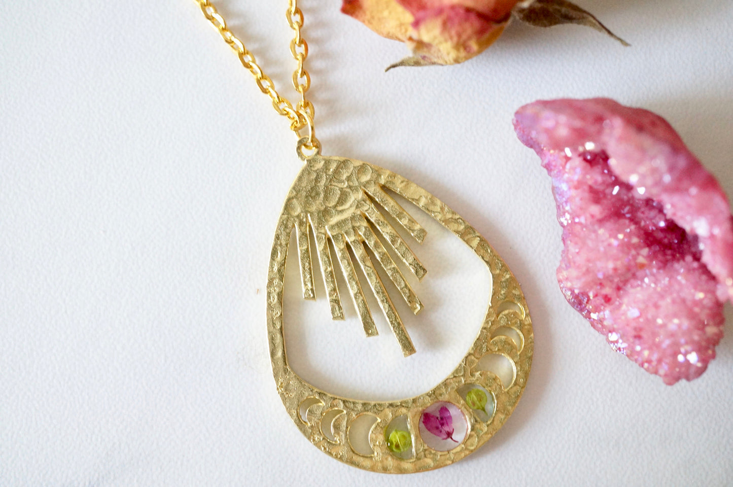 Real Pressed Flowers in Resin, Gold Moon Phase Necklace with Heather Flower and Green Dragon Lepidium