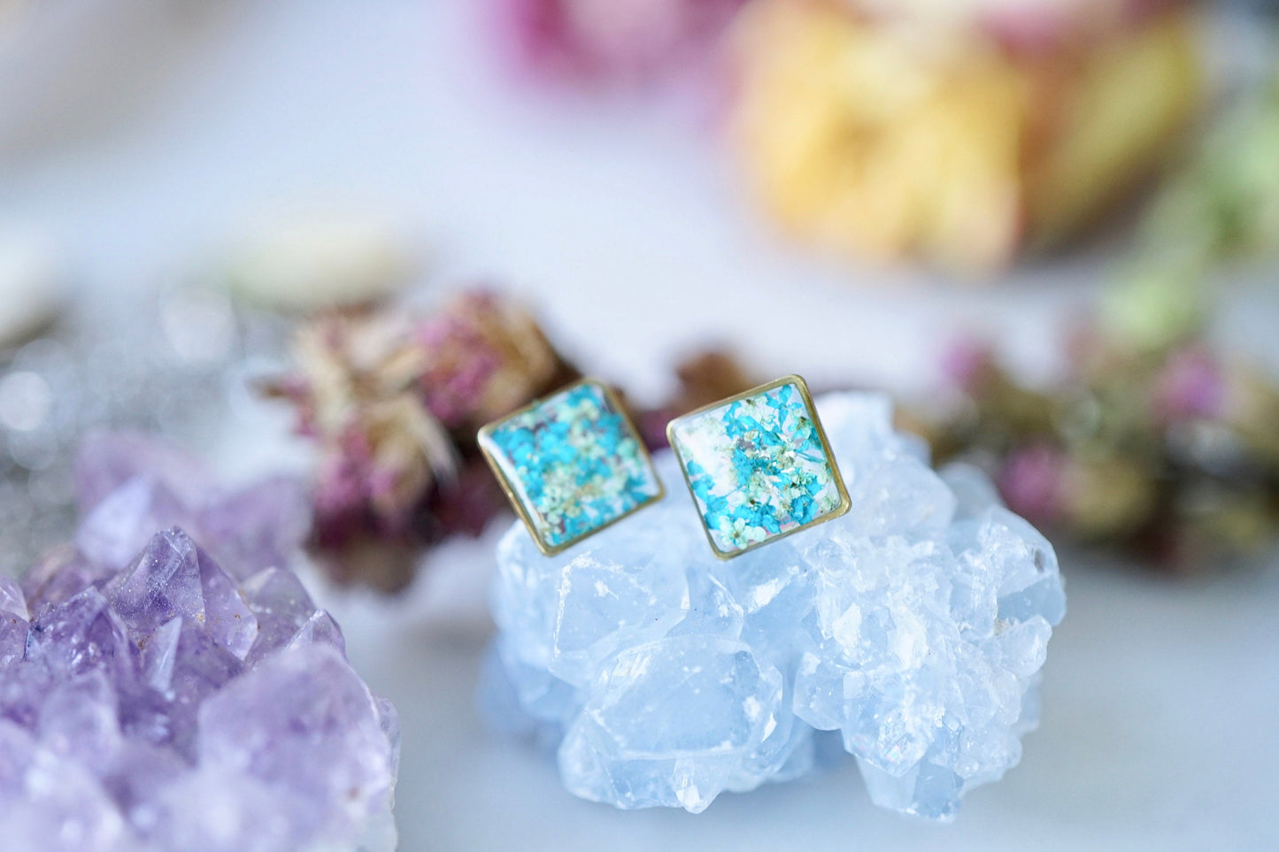Real Pressed Flowers and Resin, Square Stud Earrings in Mint and Teal