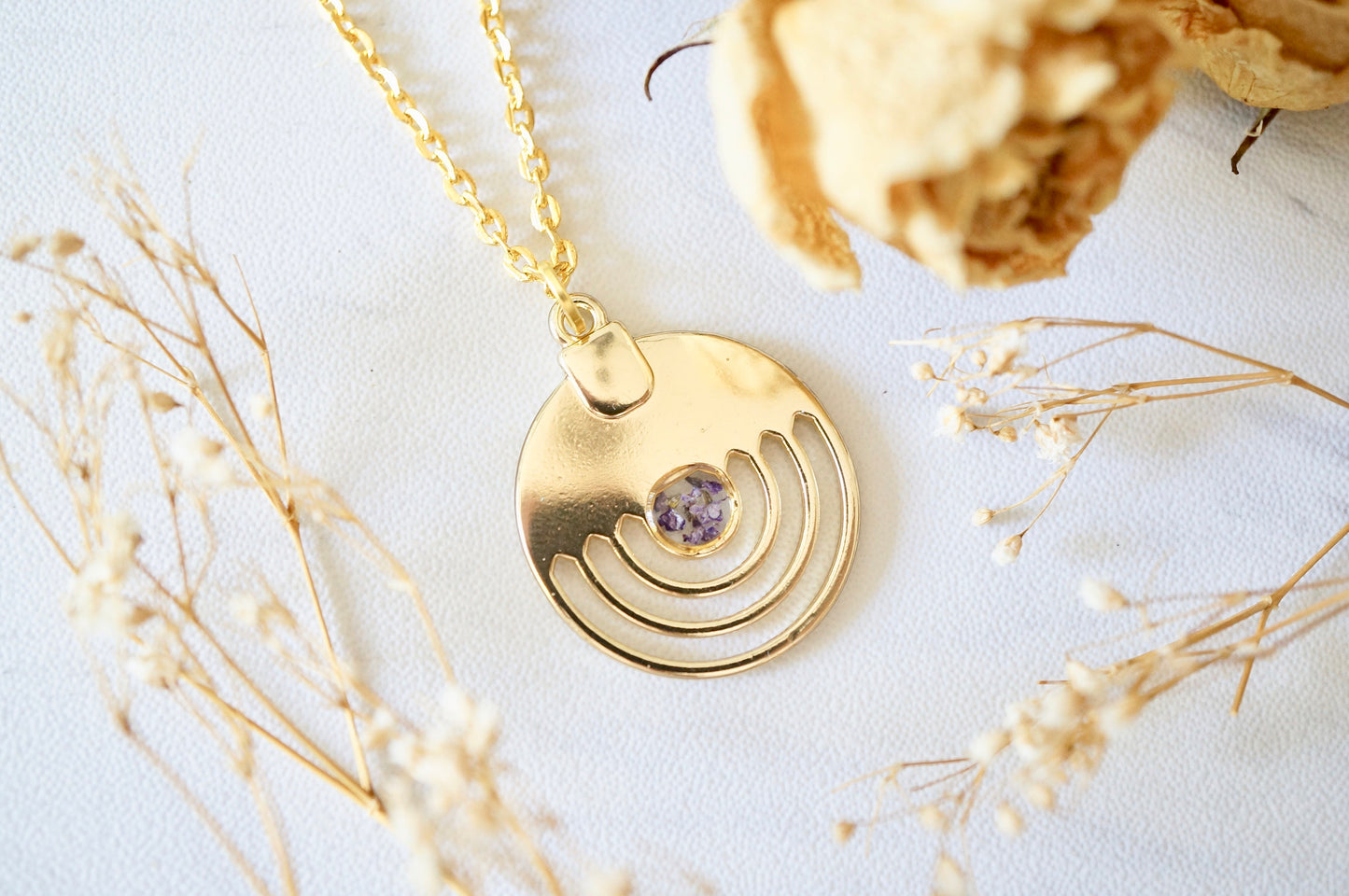 Real Pressed Flowers in Resin, Gold Necklace in Purple