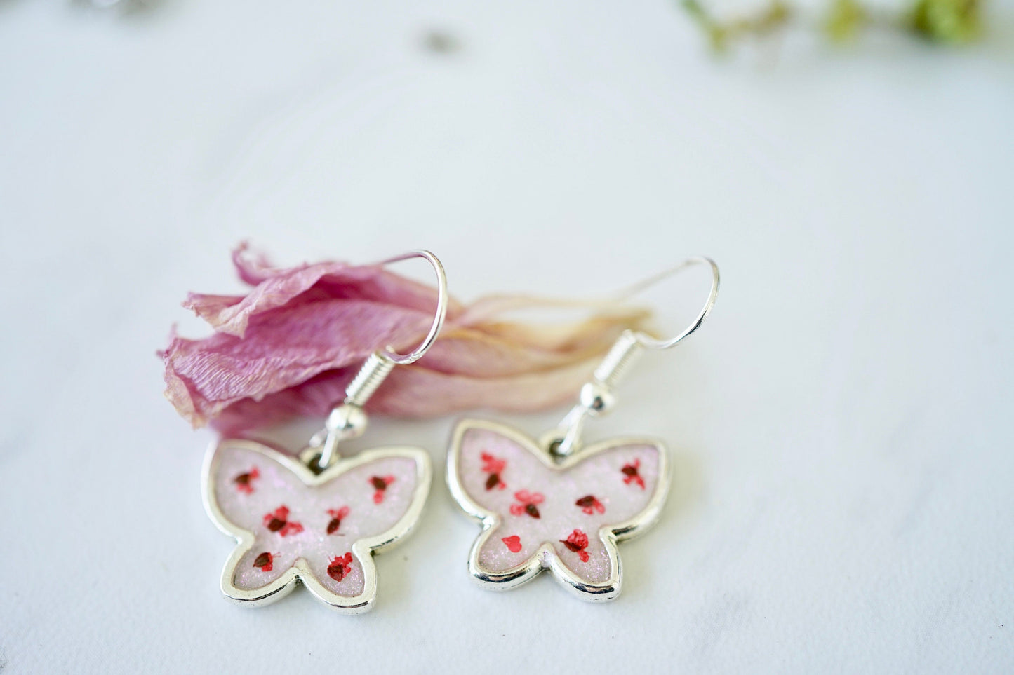Real Pressed Flowers Earrings, Silver Butterfly Drops in Red