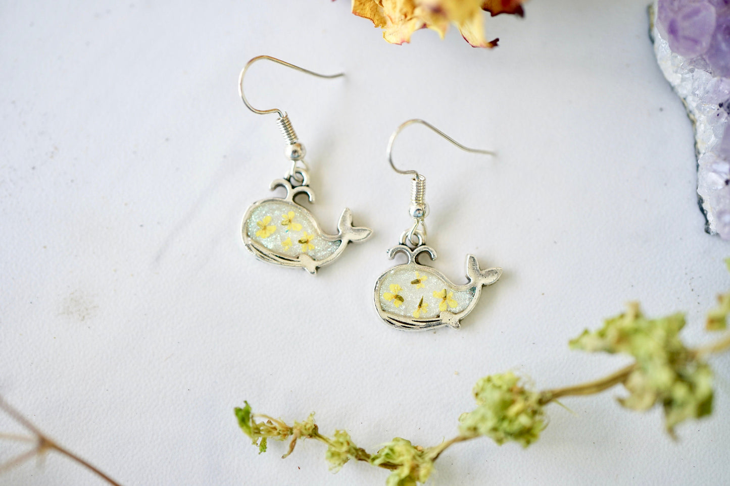 Real Pressed Flowers Earrings, Silver Whale Drops in Yellow