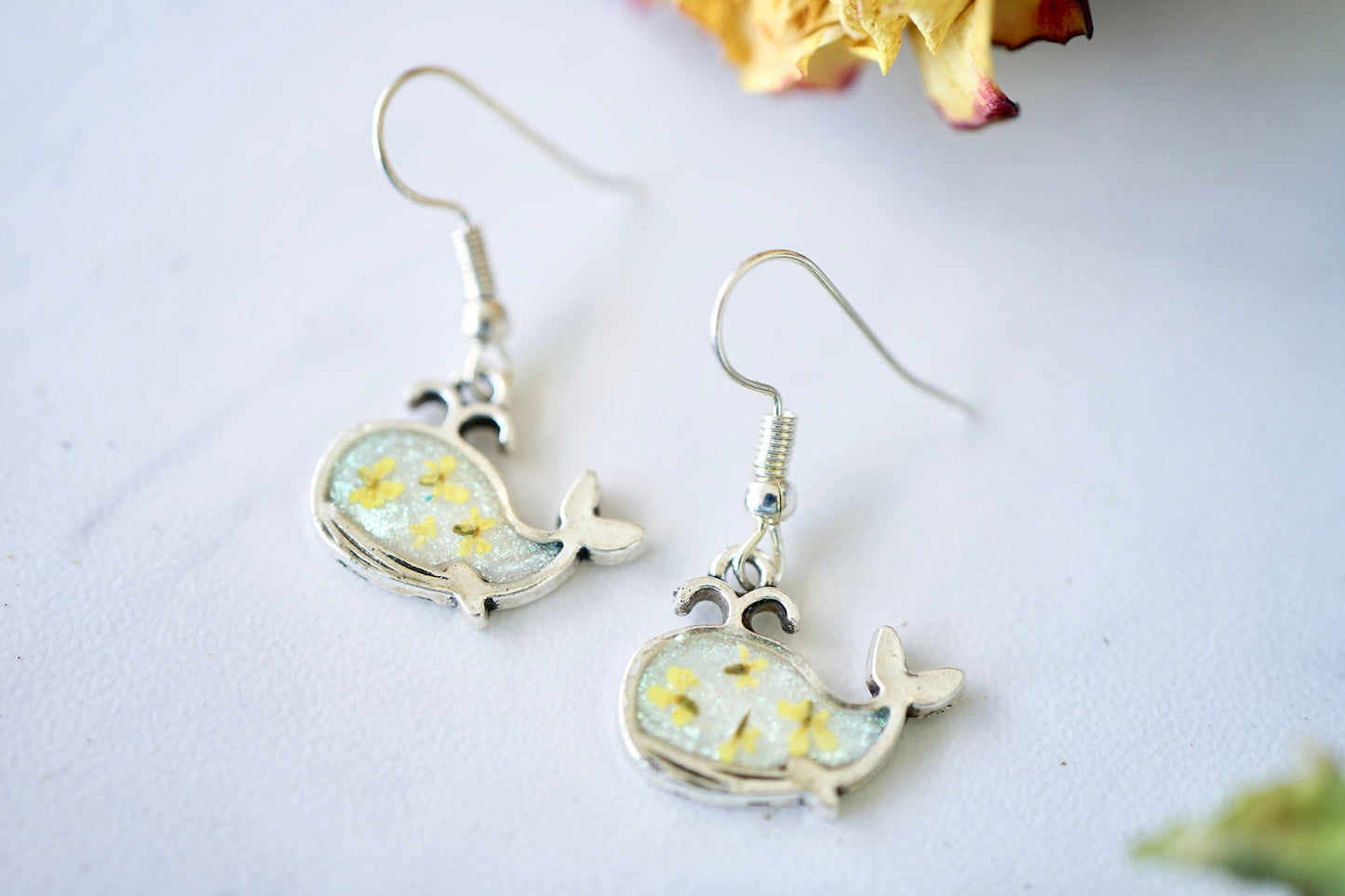 Real Pressed Flowers Earrings, Silver Whale Drops in Yellow