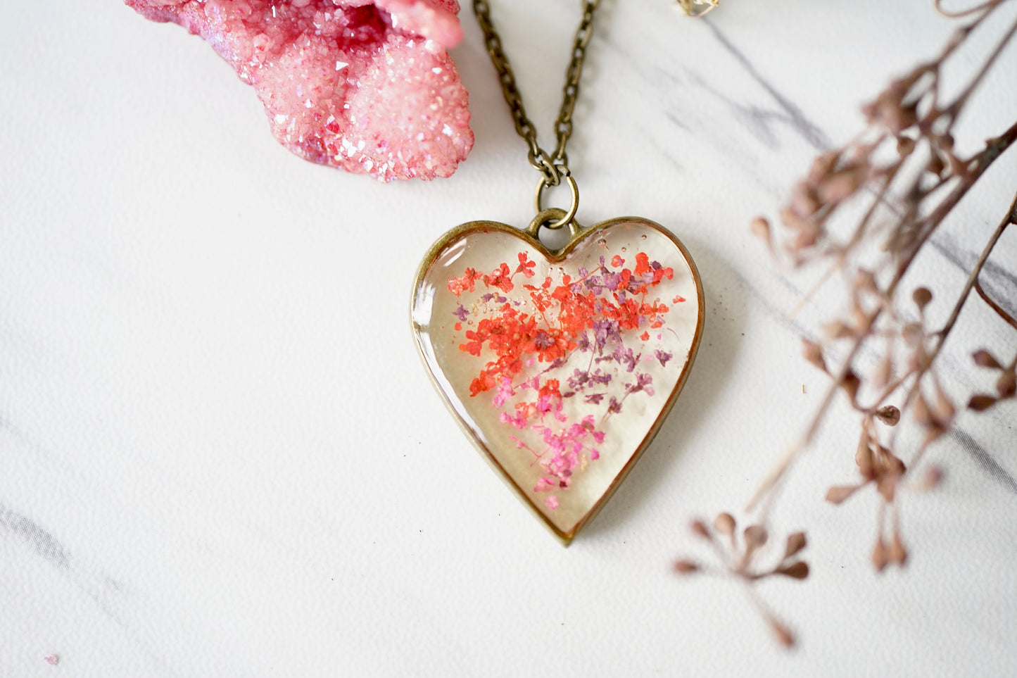 Real Pressed Flowers in Resin, Bronze Heart Necklace in Purple Pink Red