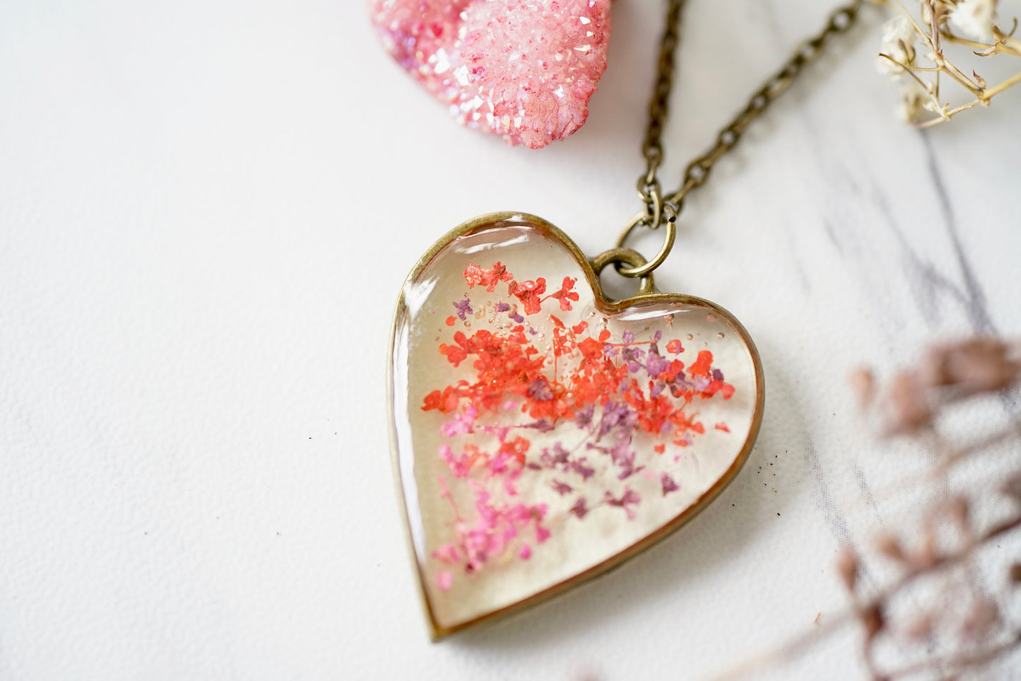 Real Pressed Flowers in Resin, Bronze Heart Necklace in Purple Pink Red