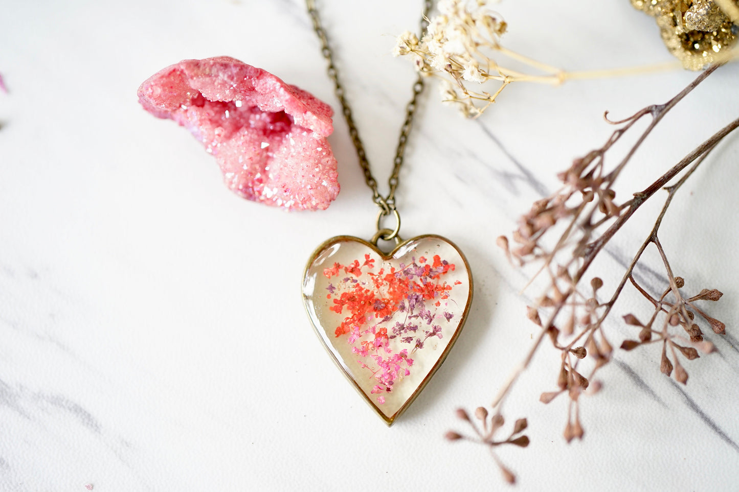 Real Pressed Flowers in Resin, Bronze Heart Necklace in Purple Pink Red