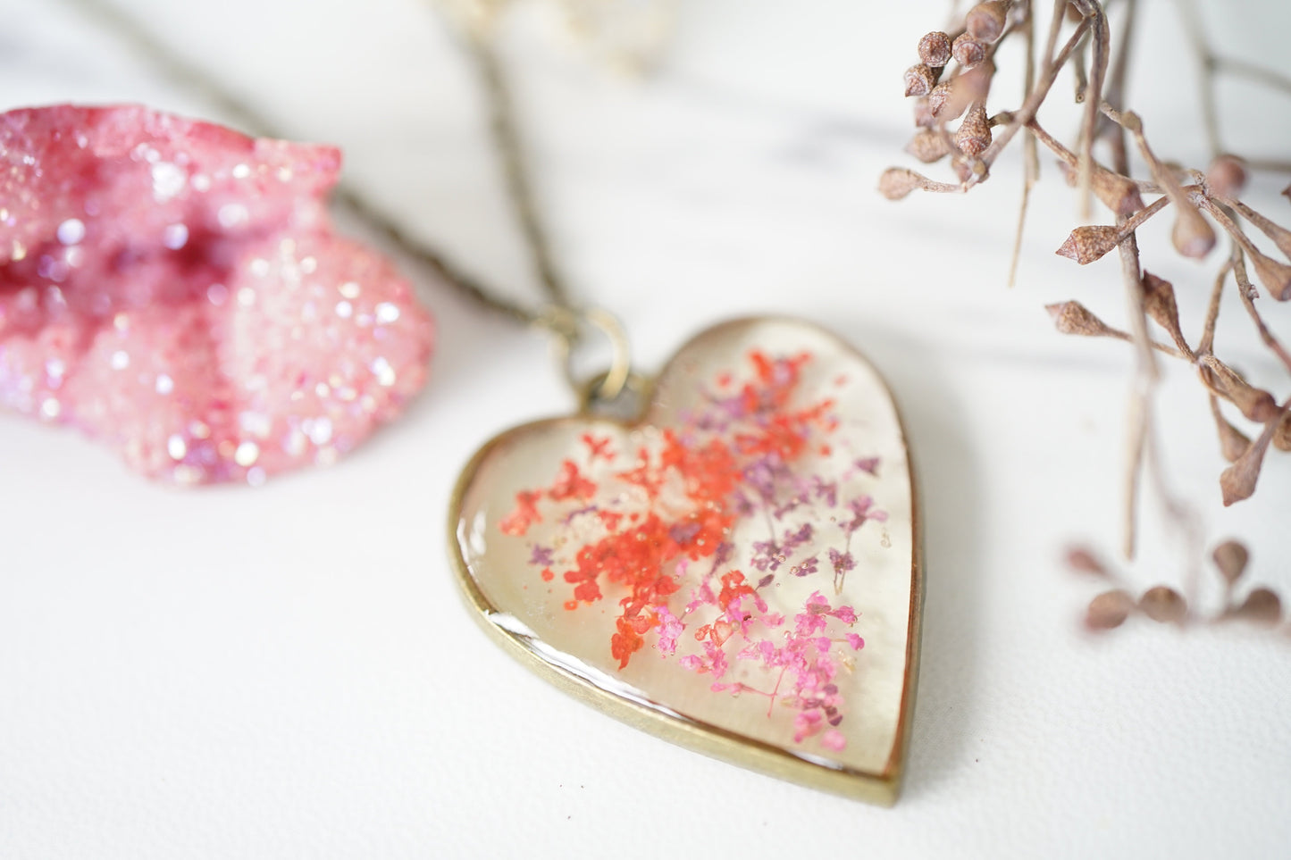 Real Pressed Flowers in Resin, Bronze Heart Necklace in Purple Pink Red