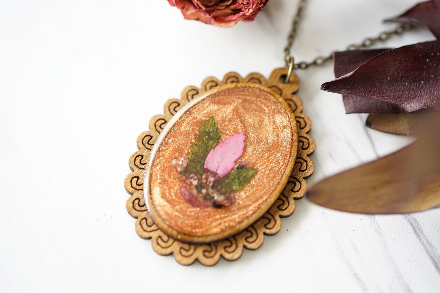 Real Pressed Flowers in Resin, Wood Necklace in Orange with Mixed Flowers