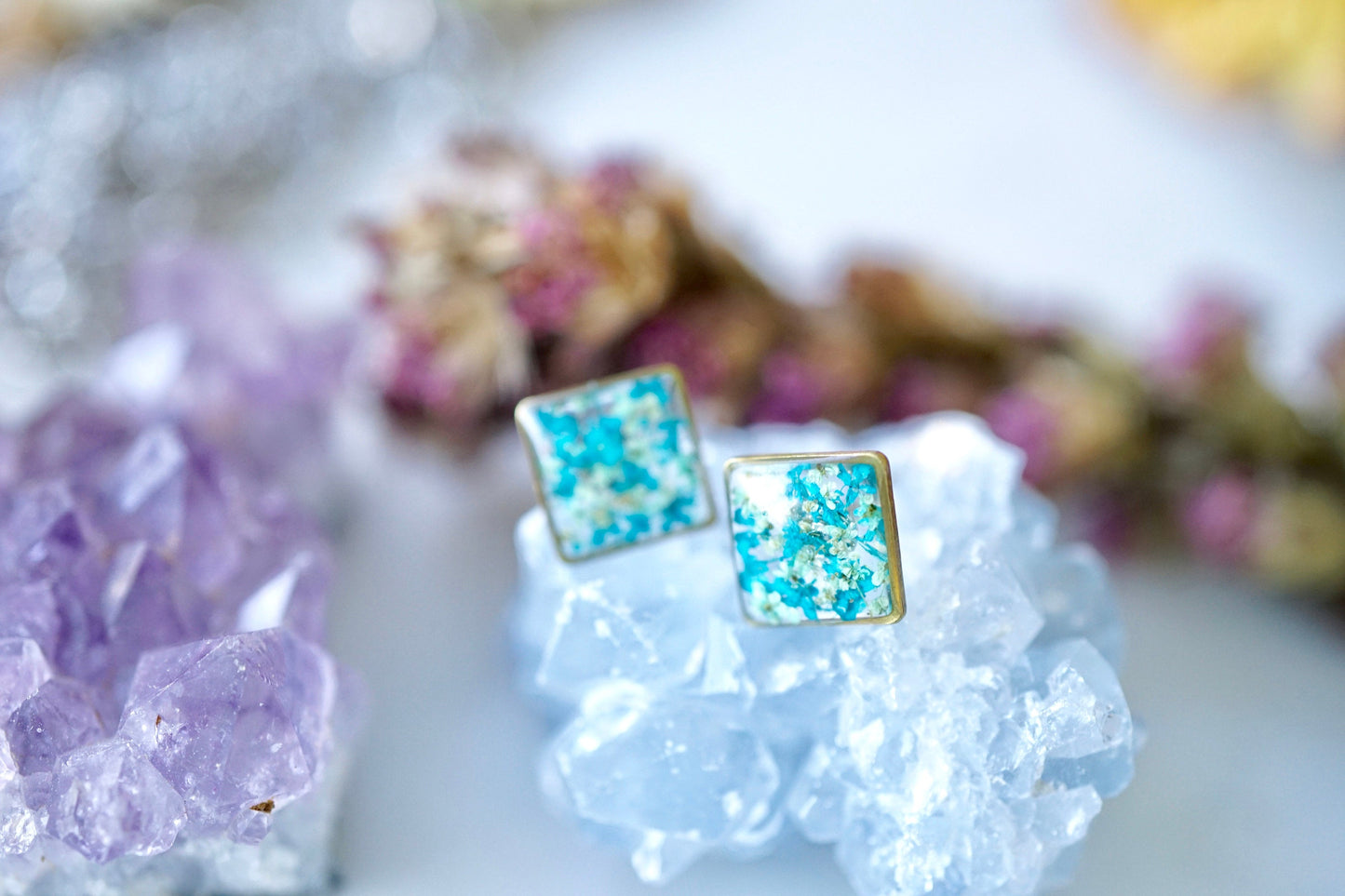 Real Pressed Flowers and Resin, Square Stud Earrings in Mint and Teal