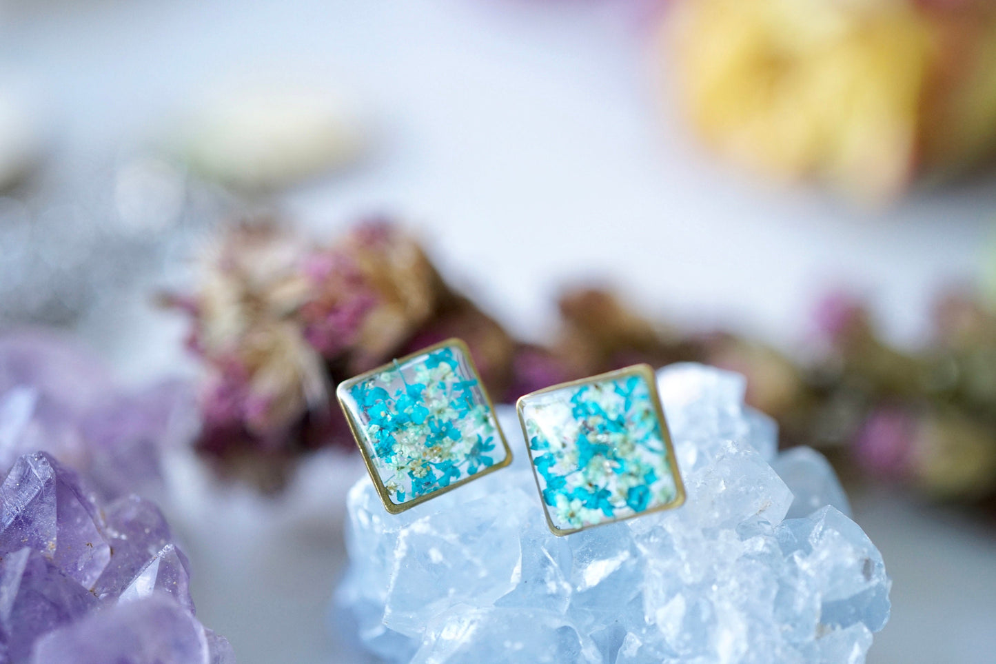 Real Pressed Flowers and Resin, Square Stud Earrings in Mint and Teal