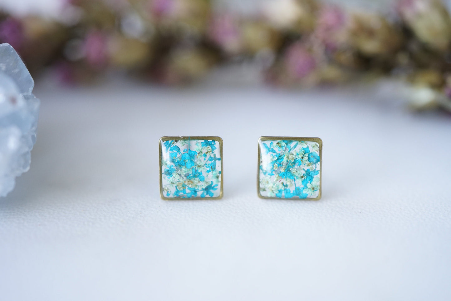 Real Pressed Flowers and Resin, Square Stud Earrings in Mint and Teal