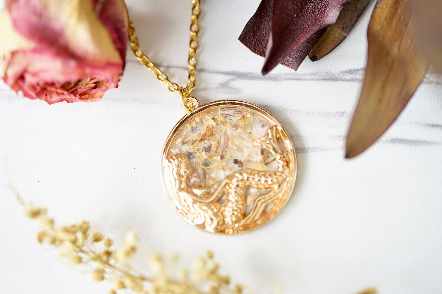 Real Pressed Flowers in Resin, Gold Mermaid Necklace