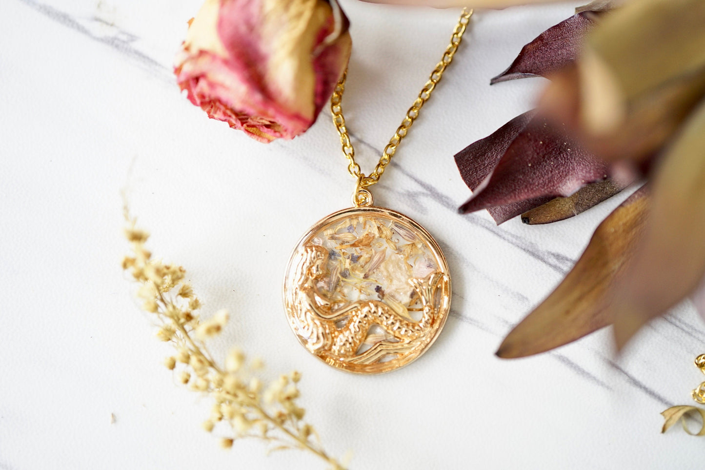 Real Pressed Flowers in Resin, Gold Mermaid Necklace