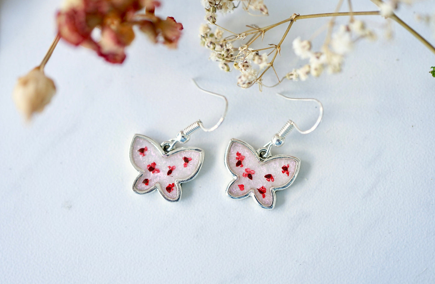 Real Pressed Flowers Earrings, Silver Butterfly Drops in Red