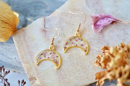 Real Pressed Flowers Earrings, Gold Moon Drops in Pink with Glass Glitter