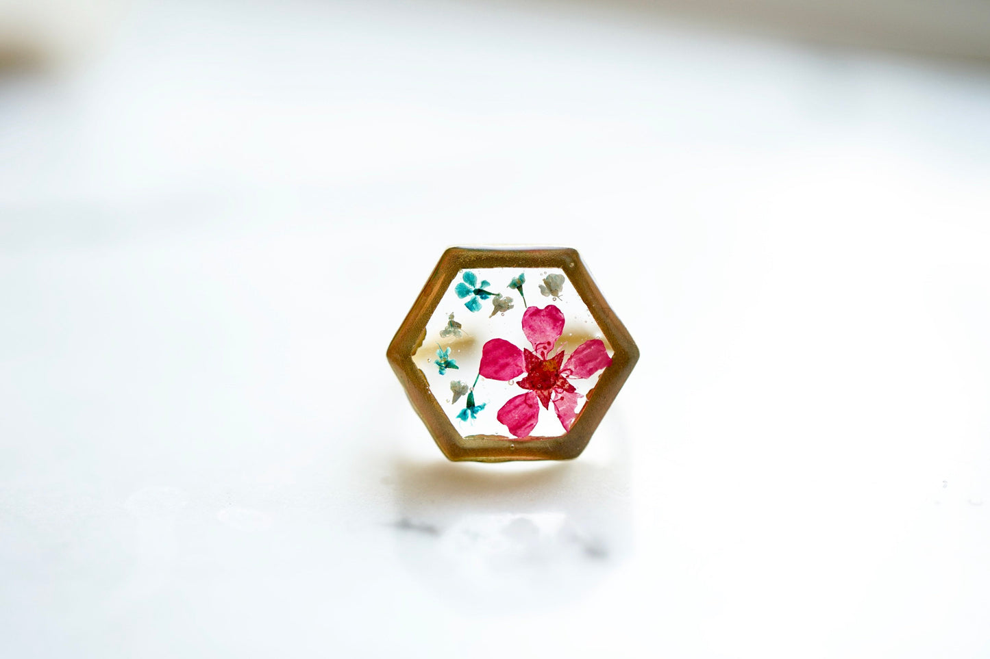 Real Pressed Flower and Resin Ring, Gold Hexagon in Teal and Pink