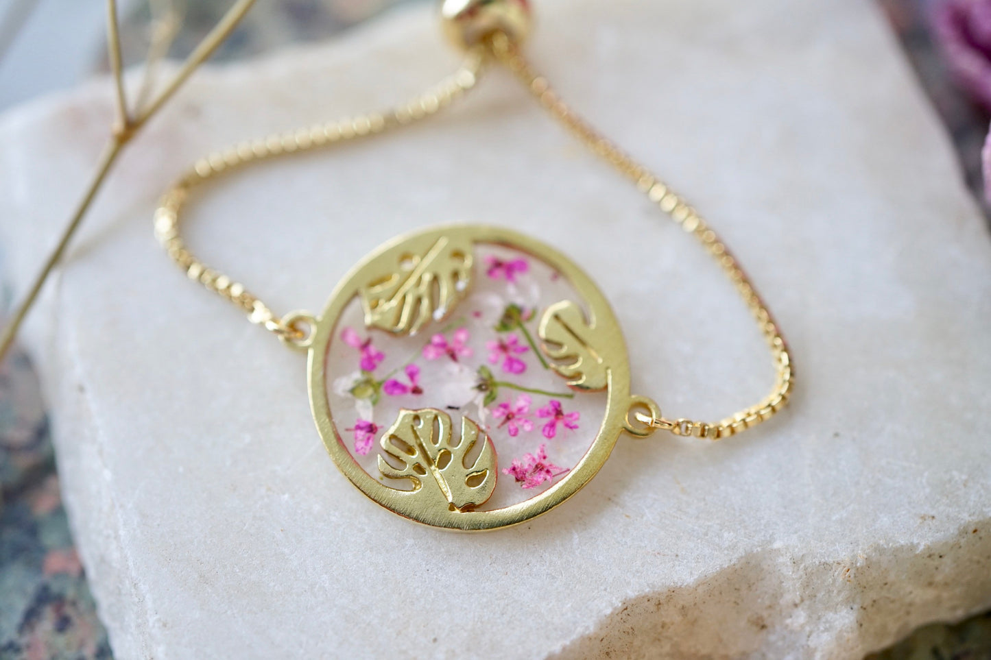 Real Pressed Flowers and Resin Adjustable Bracelet, Gold Palm Tree Leaves in Pink