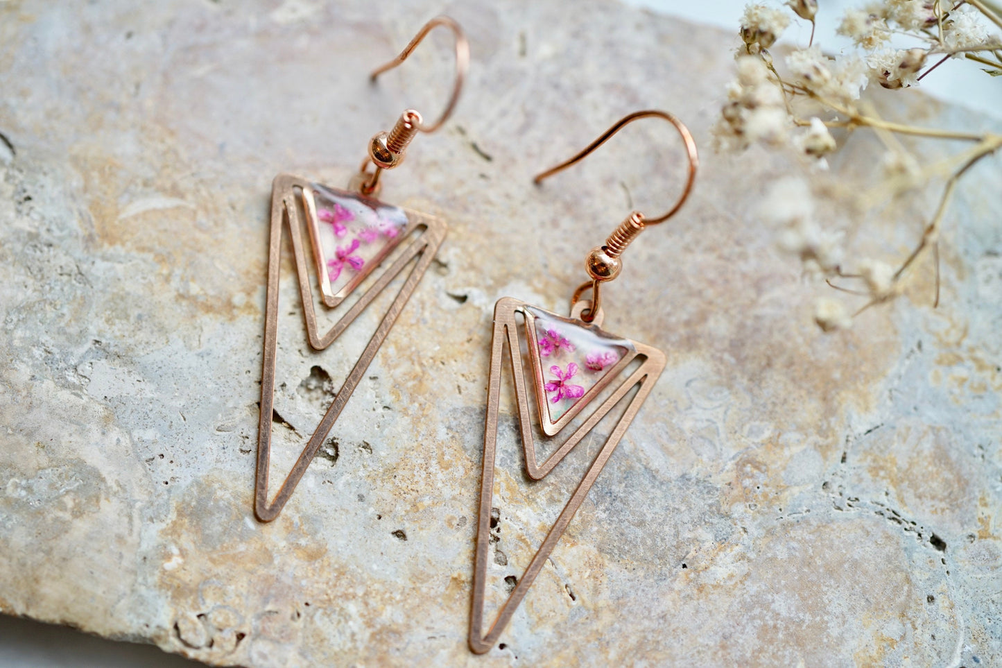 Real Pressed Flowers Earrings, Rose Gold Triangle Drops in Pink