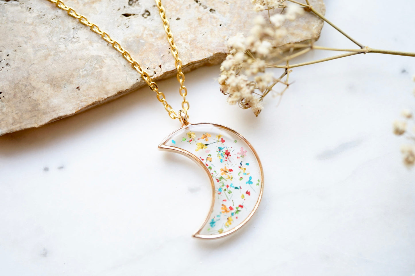 Real Pressed Flowers in Resin, Silver Moon Necklace in Party Mix