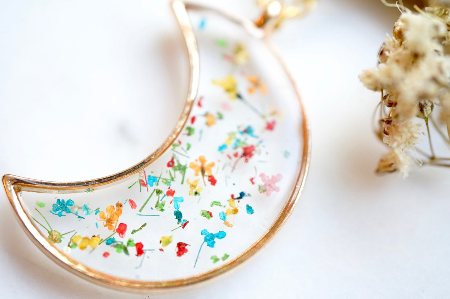 Real Pressed Flowers in Resin, Silver Moon Necklace in Party Mix