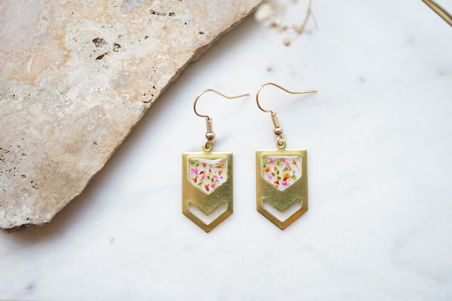Real Pressed Flowers Earrings, Gold Chevron Drops in Pink Orange Green