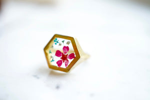 Real Pressed Flower and Resin Ring, Gold Hexagon in Teal and Pink