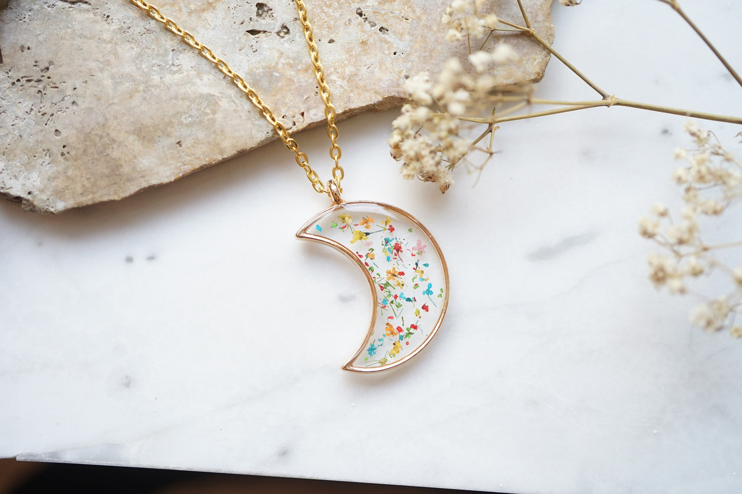 Real Pressed Flowers in Resin, Silver Moon Necklace in Party Mix