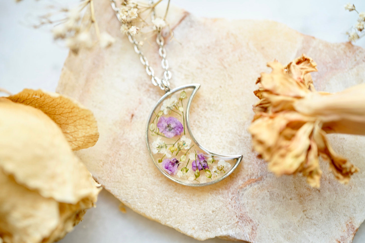 Real Pressed Flowers in Resin, Silver Moon Necklace in Purple and White