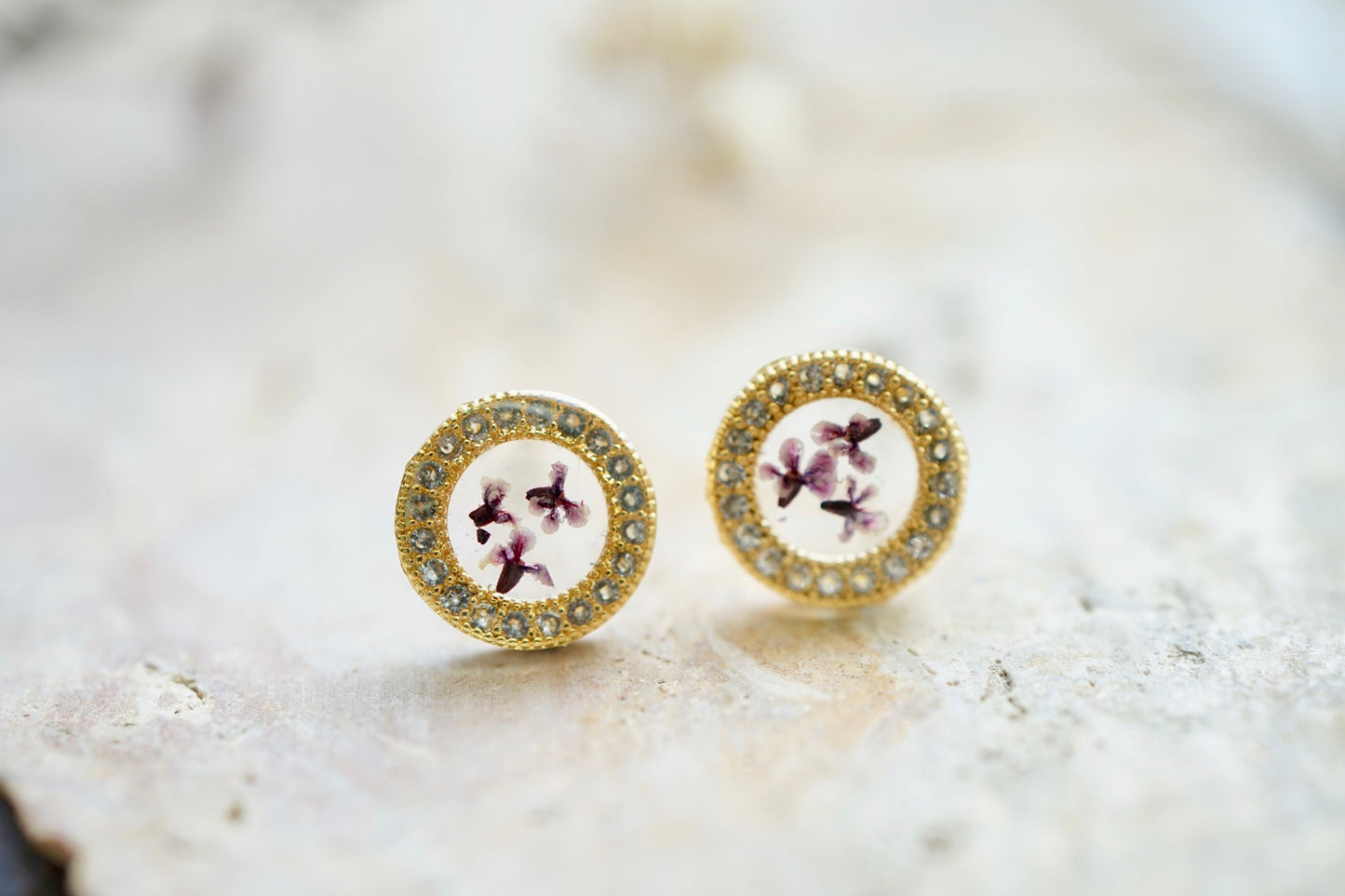 Real Pressed Flowers and Resin Stud Earrings, Gold and Crystals with Purple Flowers