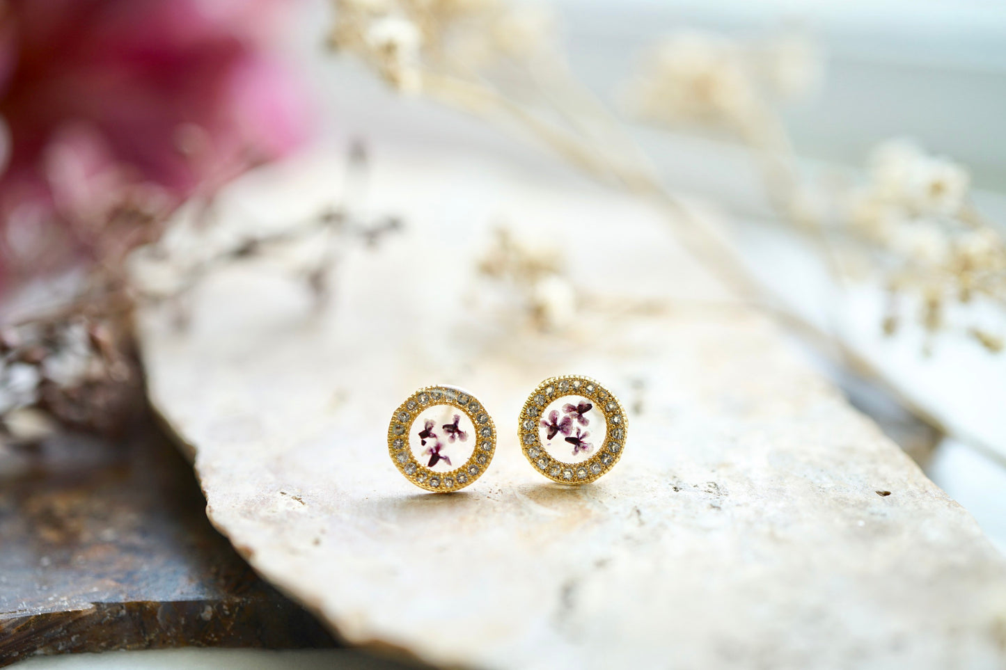 Real Pressed Flowers and Resin Stud Earrings, Gold and Crystals with Purple Flowers