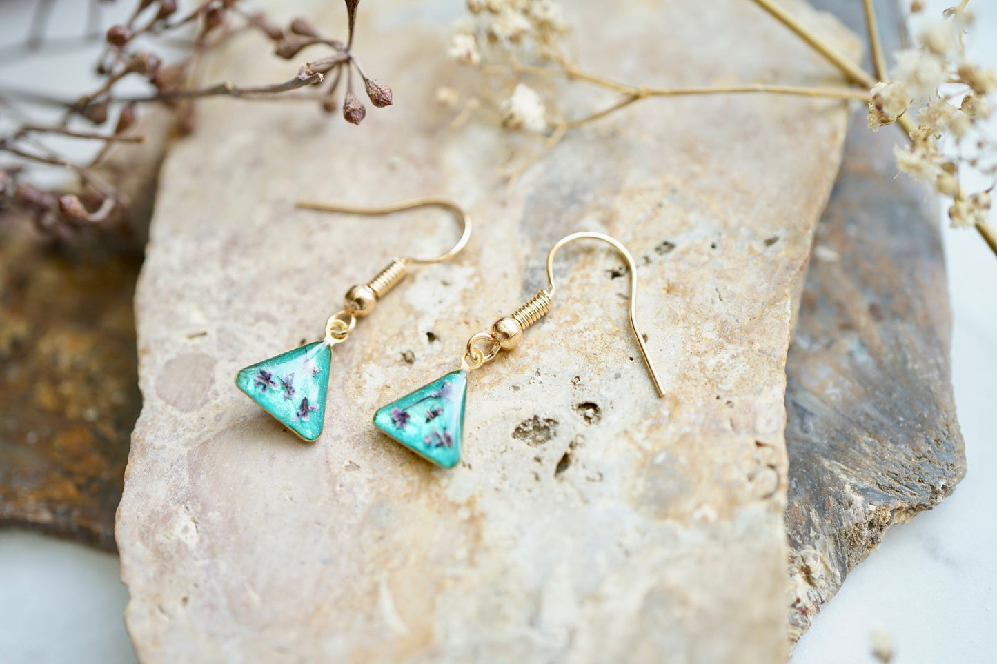Real Pressed Flowers Earrings, Rose Gold Triangle Drops in Pink