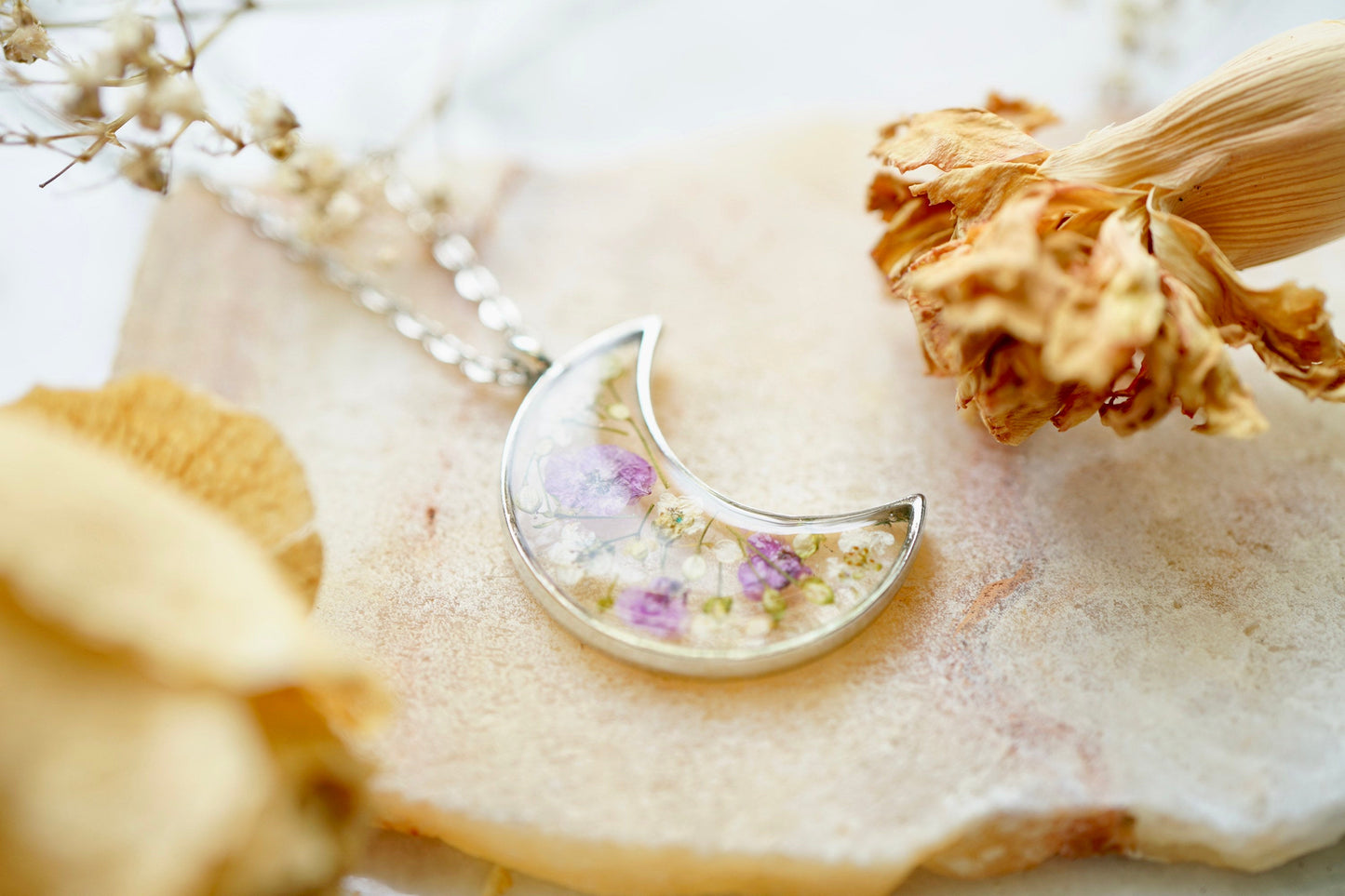 Real Pressed Flowers in Resin, Silver Moon Necklace in Purple and White