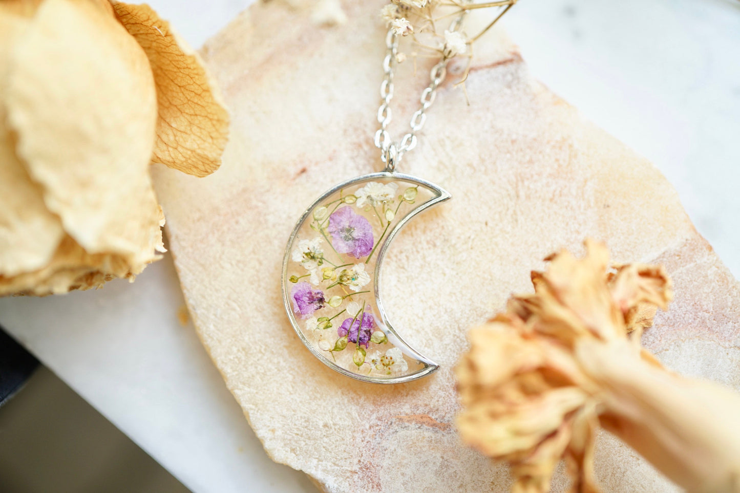 Real Pressed Flowers in Resin, Silver Moon Necklace in Purple and White