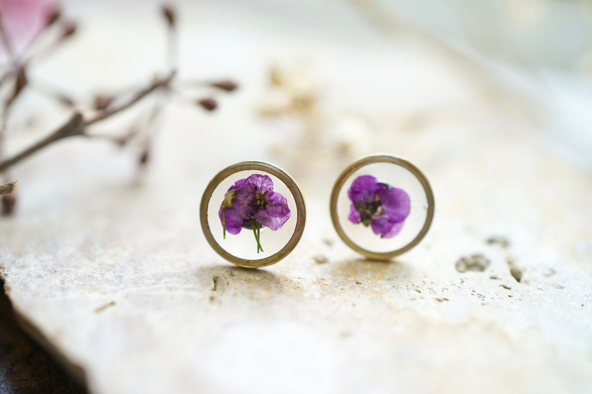 Real Pressed Flowers Earrings, Gold Drops in Purples – ann + joy