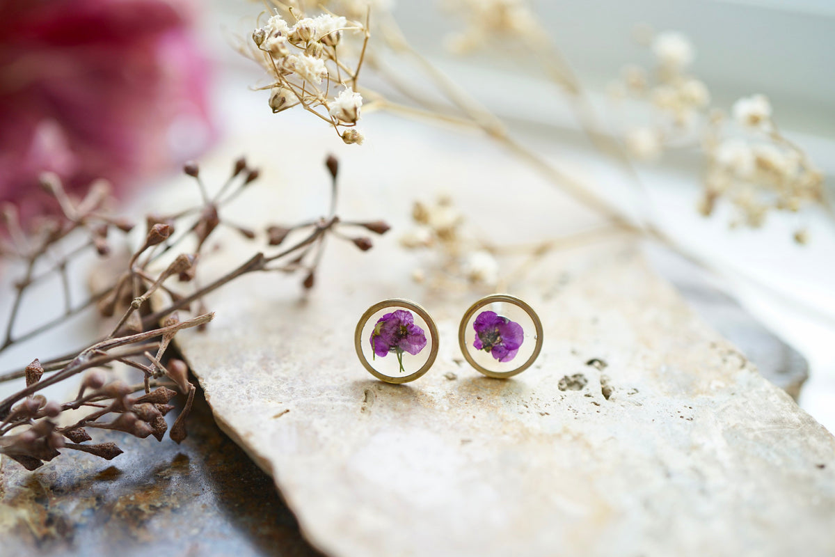 Real Pressed Flowers and Resin Stud Earrings, Rose Gold Diamonds in Pu –  ann + joy