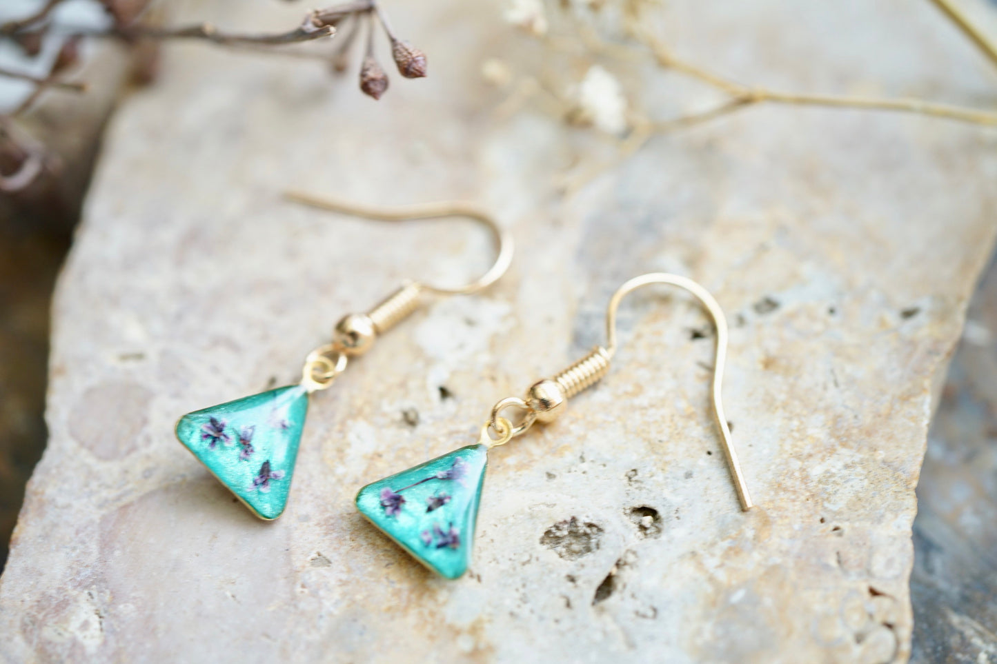 Real Pressed Flowers Earrings, Rose Gold Triangle Drops in Pink