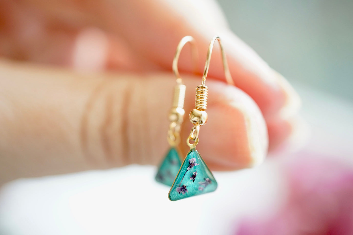 Real Pressed Flowers Earrings, Rose Gold Triangle Drops in Pink