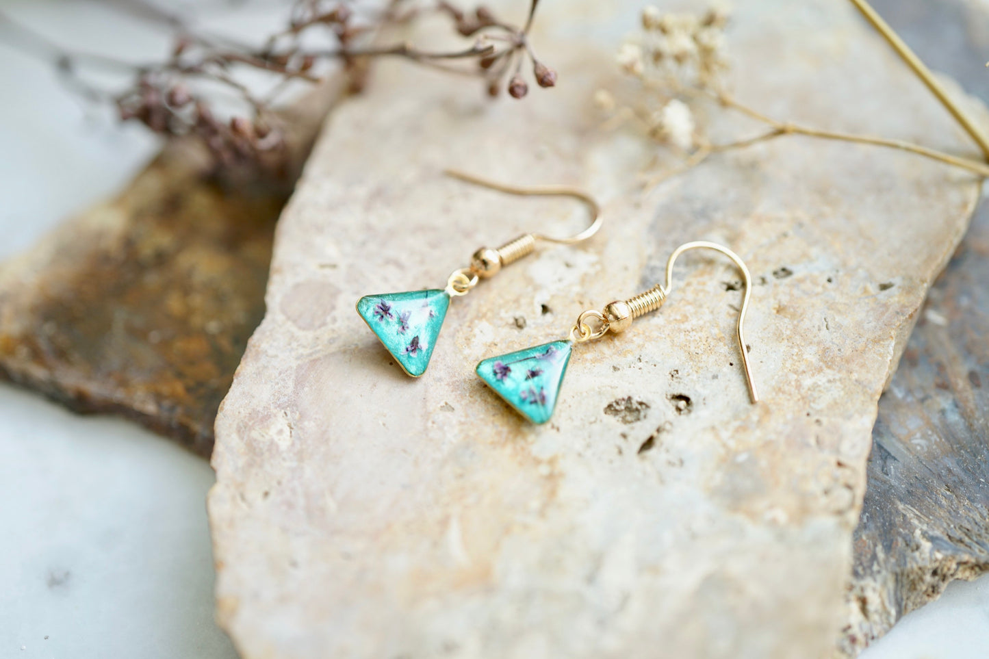 Real Pressed Flowers Earrings, Rose Gold Triangle Drops in Pink