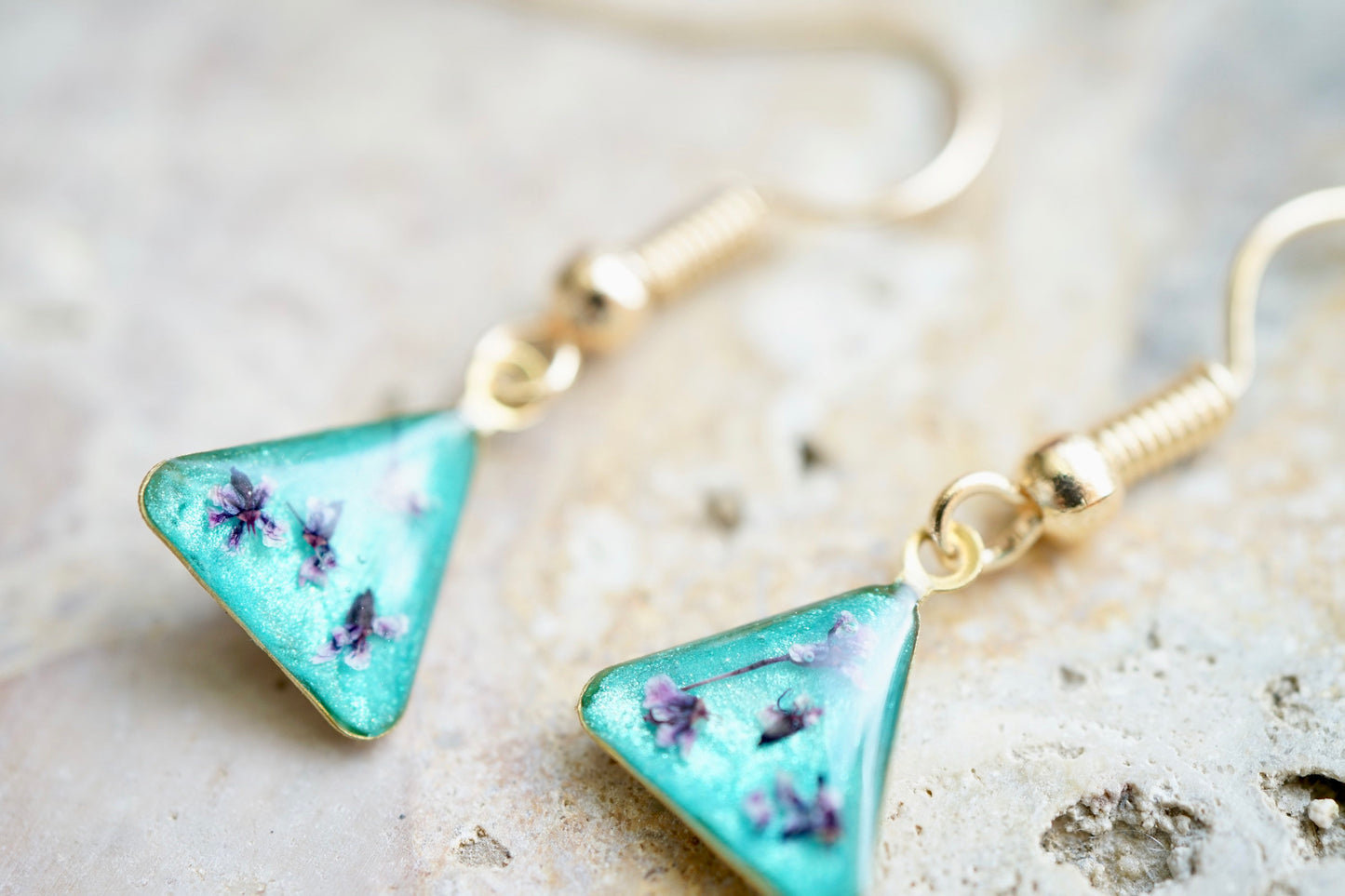 Real Pressed Flowers Earrings, Rose Gold Triangle Drops in Pink