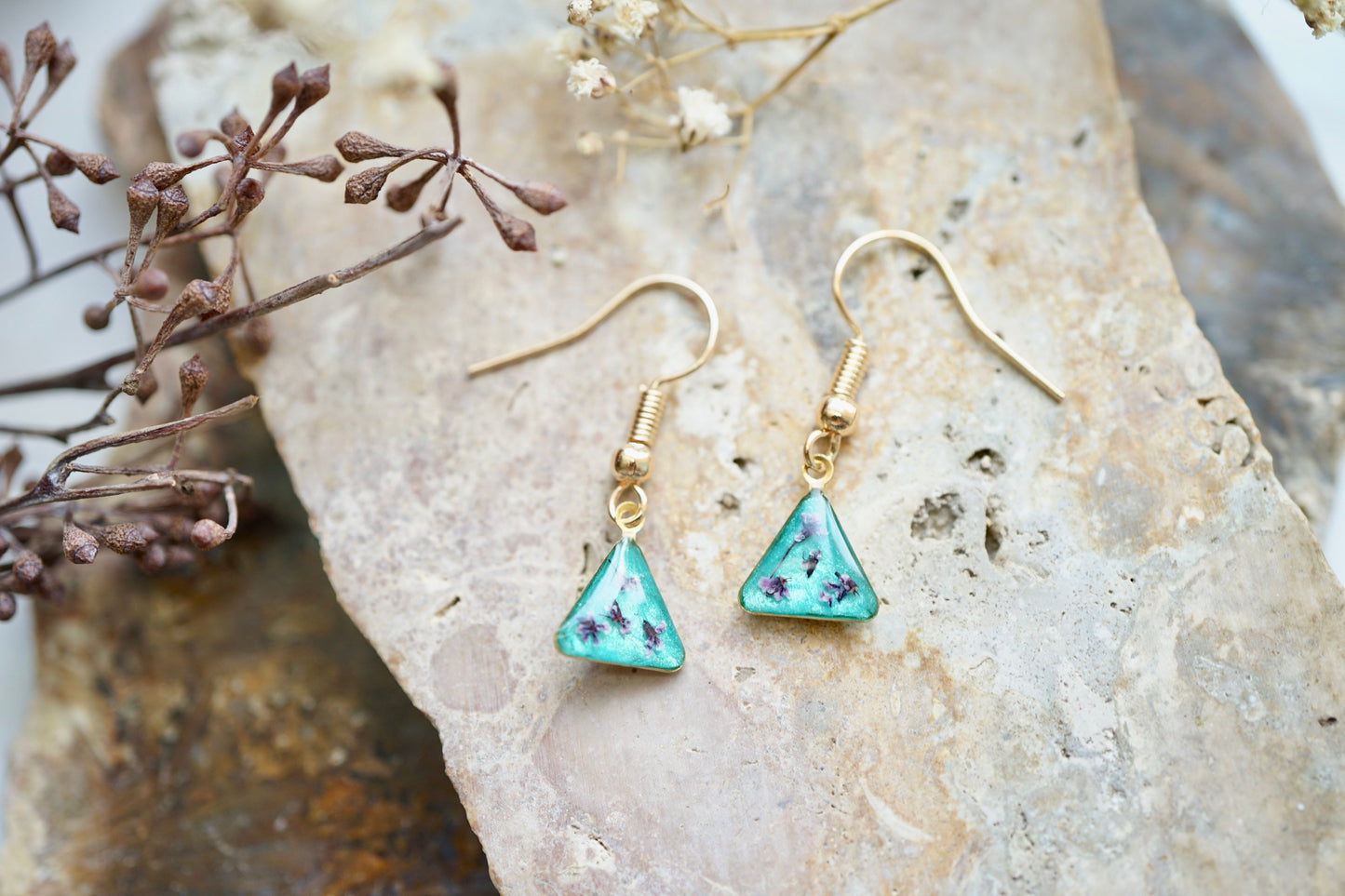 Real Pressed Flowers Earrings, Rose Gold Triangle Drops in Pink